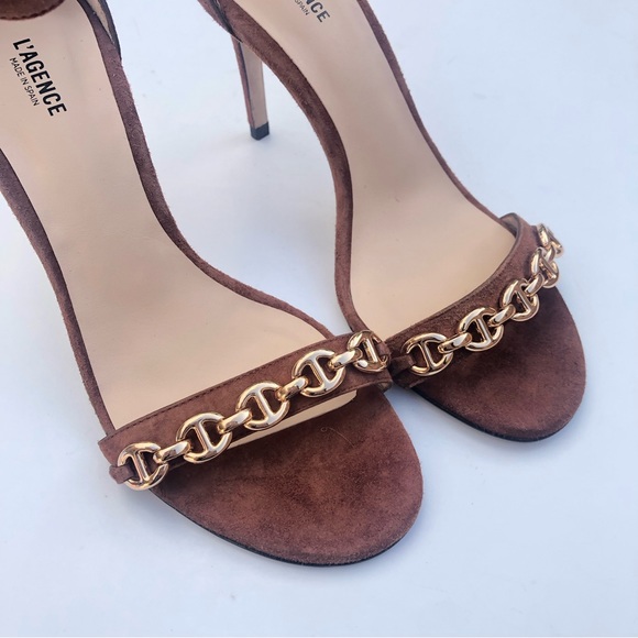 L'AGENCE Brown Heels with Gold Chain Detail - Picture 2 of 9